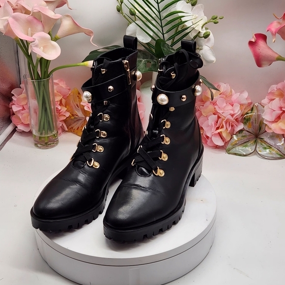 Karl Lagerfeld Shoes - Karl Lagerfeld Lace-up Combat Boots Gold & Pearl Studded Sz 9.5M
